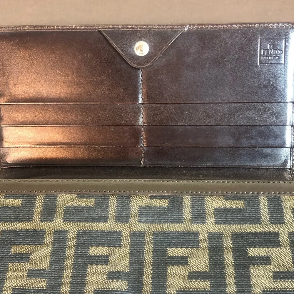 FENDI Zucca Navy Canvas and Brown Leather Snap Bifold Wallet